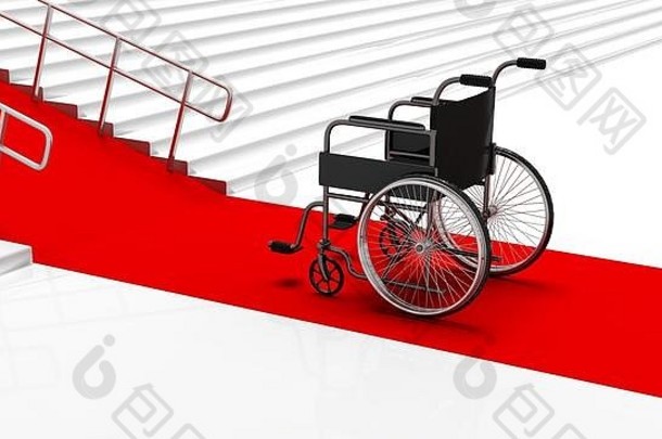 黑色的残疾轮椅前面白色楼梯红色的地毯