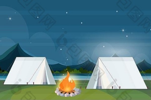 帐篷野营区域篝火晚上营地夏天营旅行假期概念山景观美丽的自然背景平水平