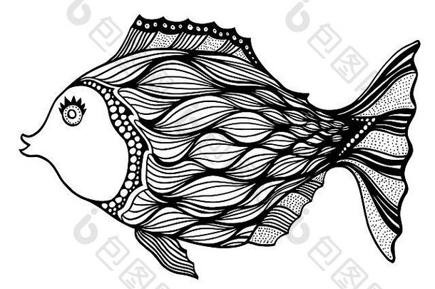 artfish手画涂鸦向量插图孤立的白色背景草图纹身makhenda海食物集合