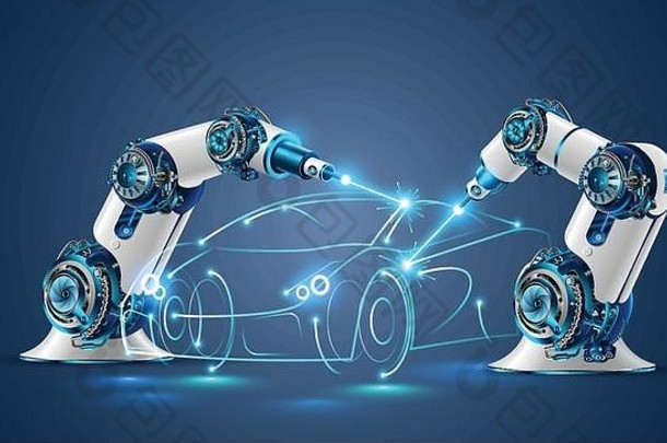 机器人焊机汽车行业白色机器人焊接车身体汽车工厂机器人画大纲概念车激光
