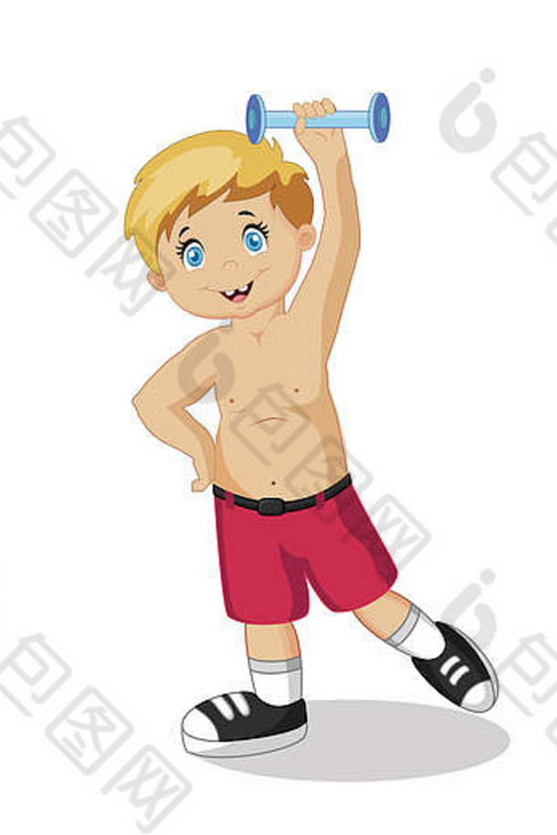 快乐男孩锻炼哑铃微笑孩子字符爱体育运动孤立的白色背景运动员锻炼健康的生活方式婴儿