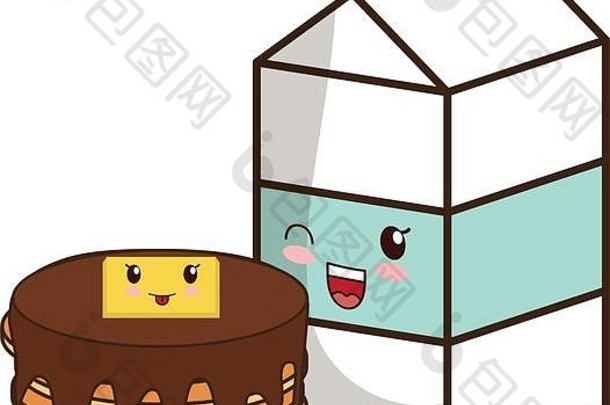 卡哇伊煎饼牛奶盒子白色背景向量插图