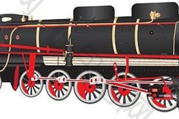 详细的插图重责任红色的黑色的14轮蒸汽温柔的机车黄铜铜配件孤立的白色