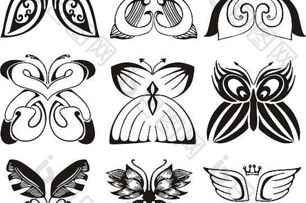 程式化的蝴蝶集黑色的白色向量插图