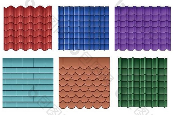 屋顶瓷砖屋面材料向量集屋顶建设材料集合屋顶组件防水插图