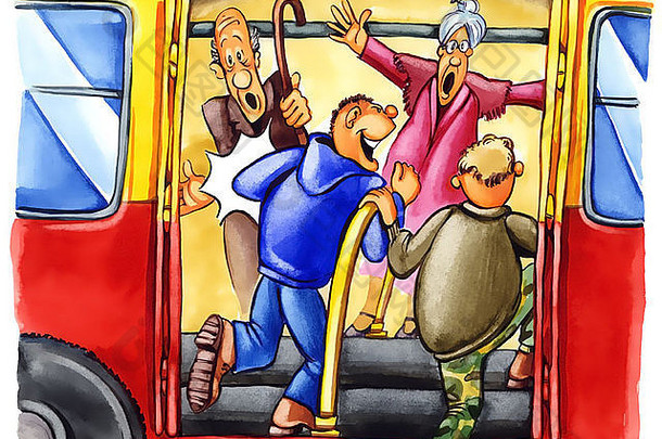 绘画插图淘气的男孩公共汽车停止