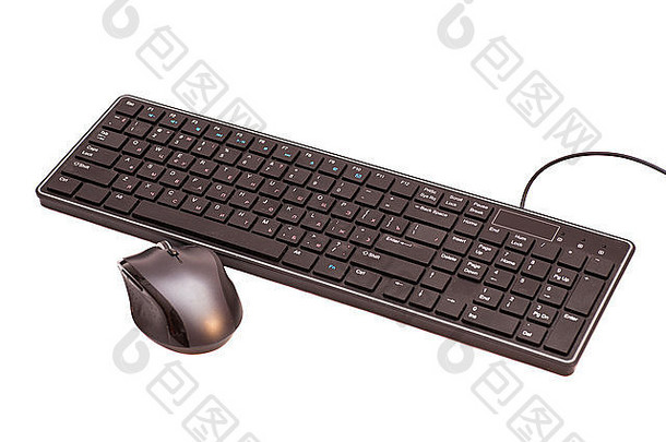 无线黑色的集鼠标电脑键盘孤立的白色