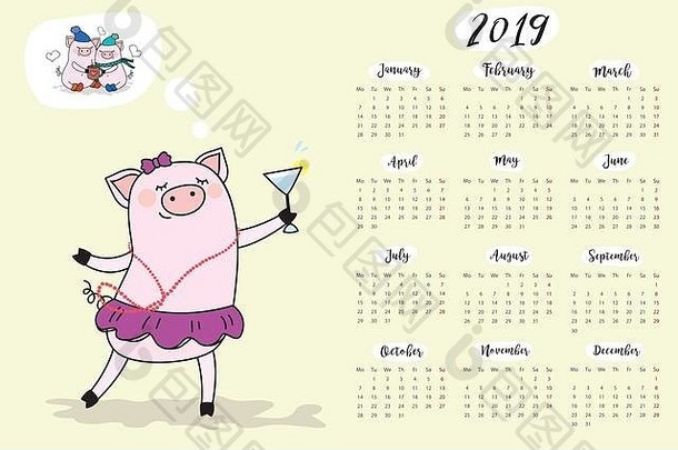 日历有趣的可爱的猪猪肉象征一年