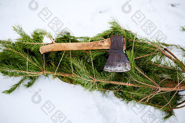 斧减少云杉松圣诞节树分支机构雪地面森林砍伐禁止不负责任的行为自然绿色保存森林概念