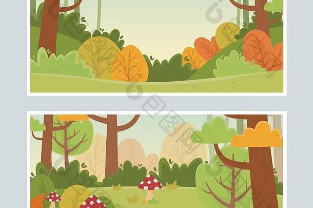 景观自然树叶植物蘑菇植物横幅向量插图