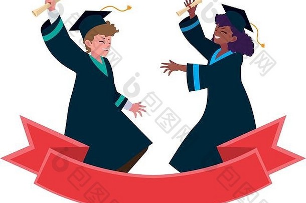 跨种族夫妇学生毕业庆祝丝带向量插图