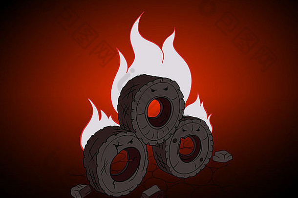 漫画燃烧路障轮胎燃烧的轮胎抗议