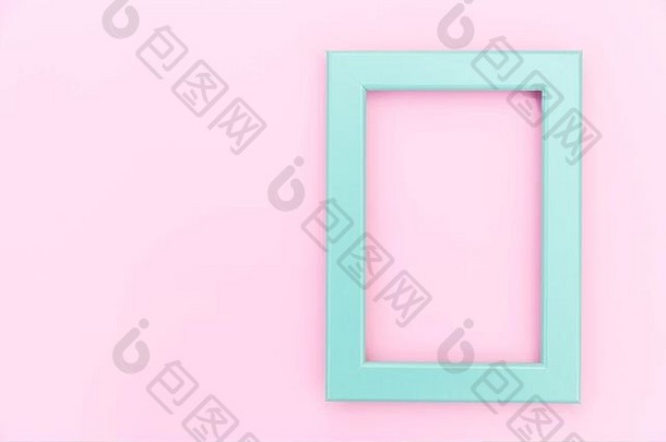 简单的设计空蓝色的框架孤立的粉红色的柔和的色彩斑斓的背景前视图平躺复制空间模拟最小的概念