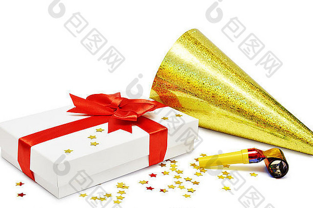 白色礼物盒子红色的丝带五彩纸屑聚会，派对他白色