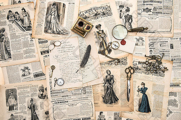 古董办公室配件写作工具古董时尚杂志女人复古的风格健美的图片