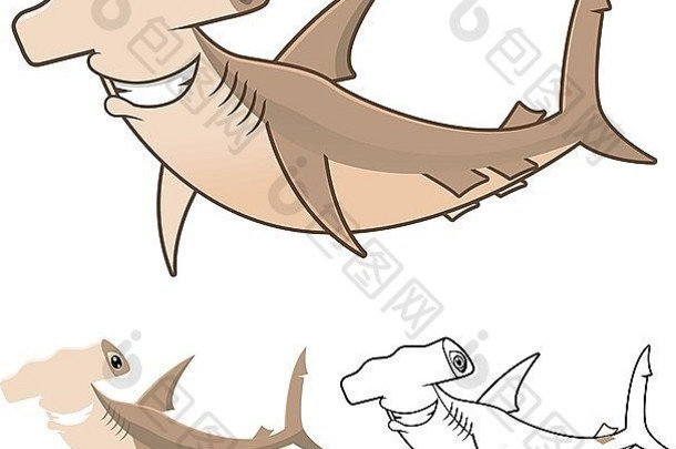 高质量锤头鲨鱼卡通字符包括平设计行艺术版本
