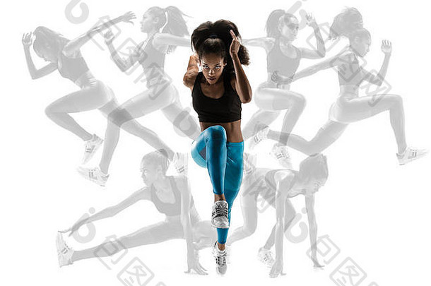 年轻的非洲女人运行孤立的白色工作室背景阴影女跑步者<strong>运动</strong>员慢跑者概念健康的生活方式体育<strong>运动运动</strong>行动有创意的拼贴画
