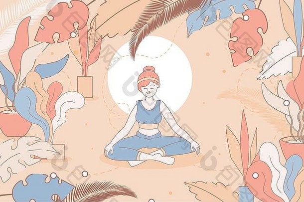 快乐女人坐着盘腿冥想自然向量卡通大纲插图练习瑜伽精神上的实践冥想放松娱乐健康的生活方式概念