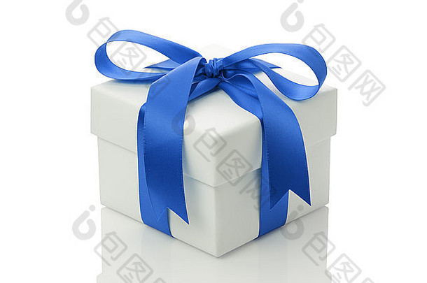 白色礼物盒子<strong>蓝色</strong>的丝带弓孤立的白色