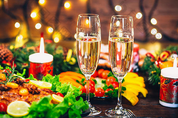 圣诞节表格晚餐时间烤肉装饰圣诞节风格眼镜香槟背景感恩节