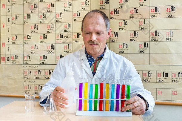 化学家实验室外套填充色彩斑斓的测试管周期表格