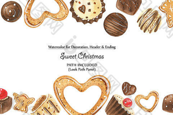 浪漫的框架巧克力糖饼干水彩插图路径包括