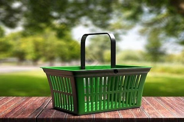 新鲜的生物食品杂货购物概念绿色空购物篮子模糊自然背景插图