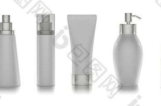 空白化妆品产品容器集包模型孤立的白色背景设计广告包装插图