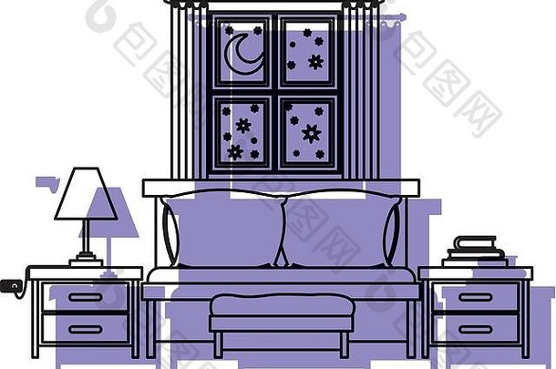 卧室沙发床上窗口晚上景观紫色的水彩轮廓白色背景