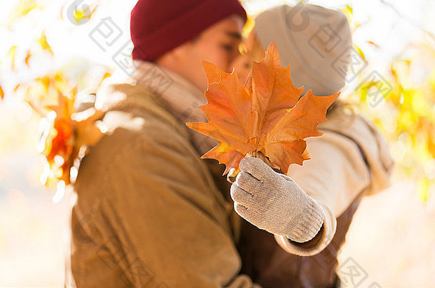 年轻的夫妇接吻大叶子秋天
