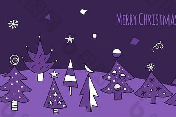 圣诞节问候卡涂鸦树手画圣诞节横幅冬天森林背景