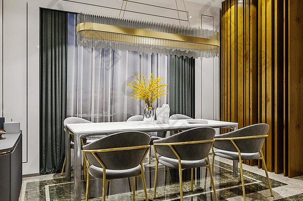 现代室内设计灰色黄金餐厅房间一边控制台木板墙黑暗喜怒无常的晚上场景呈现