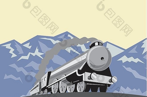 插图蒸汽火车机车查看低角复古的风格山背景