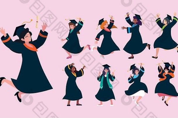 集女人学生大学毕业向量插图设计
