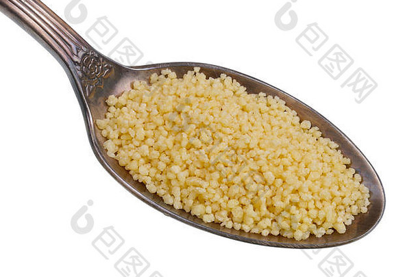 金勺子小桩食物小麦粮食干蒸粗麦粉孤立的白色工作室宏