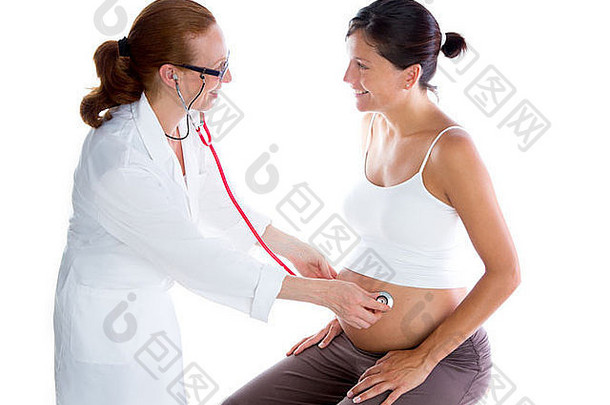 美丽的怀孕了女人<strong>医生</strong>听诊器孤立的白色