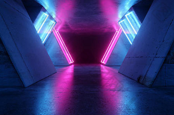 未来主义的sci现代现实的霓虹灯发光的紫色的粉红色的蓝色的领导激光光管难看的东西粗糙的混凝土反光黑暗空隧道走廊
