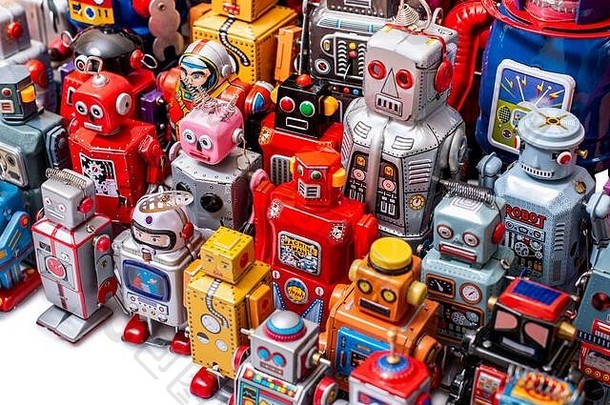 关闭视图色彩斑斓的混合古董锡机器人玩具集合