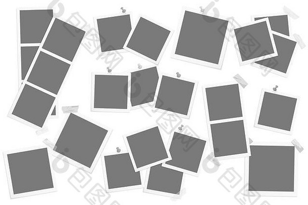 大集复古的广场照片帧黏糊糊的磁带针铆钉软白色颜色向量插图照片设计