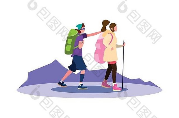 年轻的夫妇背包客山景观向量插图