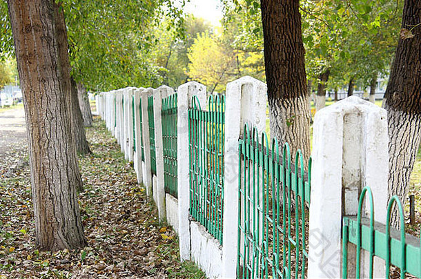 绿色栅栏秋天公园