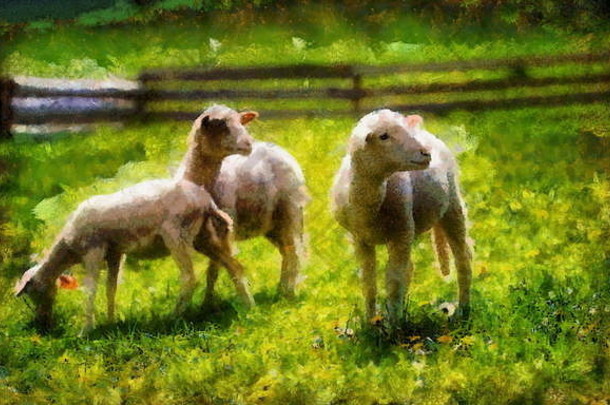 羊羔放牧美丽的绿色草地蒲公英电脑绘画效果