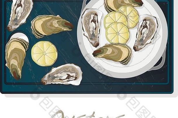 新鲜的打开牡蛎向量图片集板菜孤立的白色背景