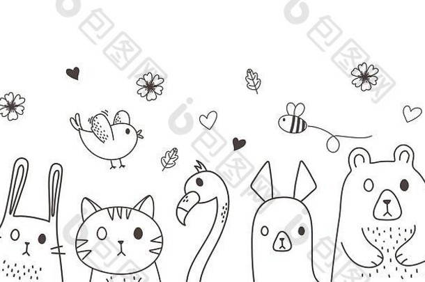 可爱的动物草图野生动物卡通可爱的鸟蜜蜂熊羊驼兔子猫火烈鸟花向量插图