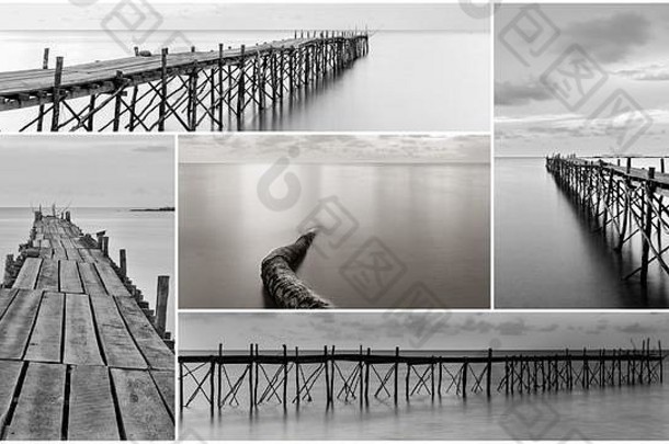 照片拼贴画黑色的白色摄影海滩木码头