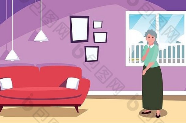 快乐爷爷奶奶一天祖母生活房间沙发向量插图