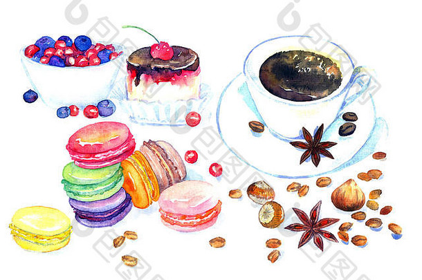 杯咖啡甜蜜的甜点色彩斑斓的法国蛋白杏仁饼干蛋糕浆果坚果咖啡豆子明星茴香