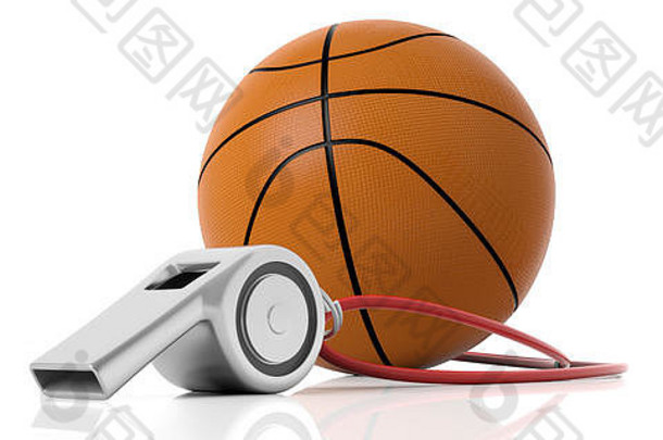 教练吹口哨红色的字符串篮球球孤立的白色背景插图