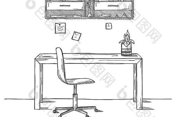 草图房间办公室椅子桌子上对象表格草图工作空间向量插图