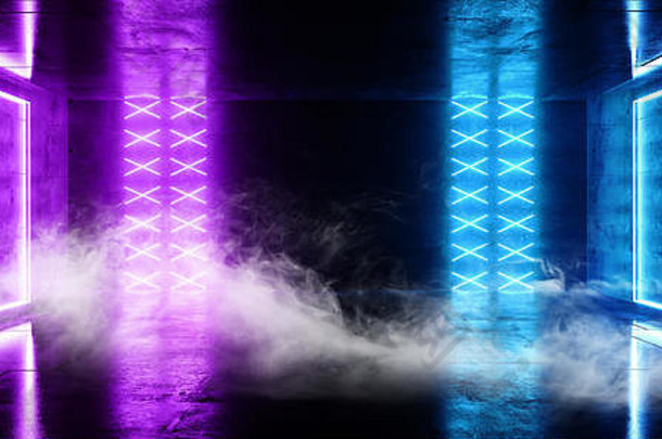烟sci未来主义的霓虹灯领导激光发光的现代优雅的空黑暗充满活力的蓝色的紫色的发光的阶段讲台上灯反光难看的东西混凝土